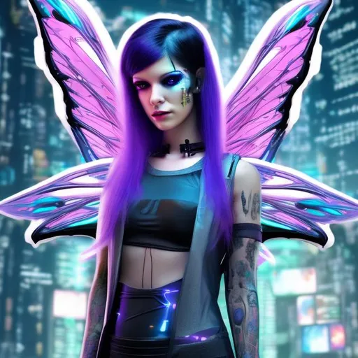 Prompt: cyberpunk adult galactic fairy with black hair 