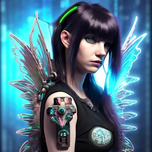 Prompt: cyberpunk adult galactic fairy with black and brown hair 