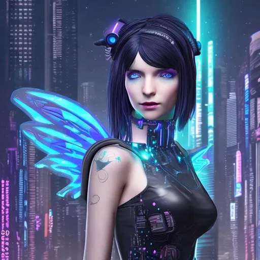 Prompt: cyberpunk adult galactic fairy with black hair 