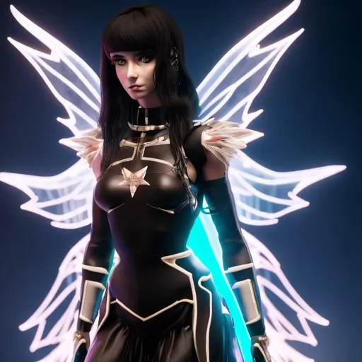 Prompt: christian. cyberpunk adult galactic fairy with long black and brown hair 