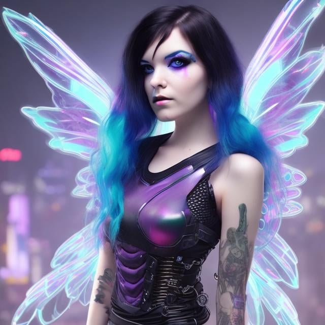 Prompt: cyberpunk adult galactic fairy with black hair 