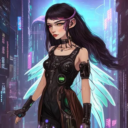 Prompt: cyberpunk adult galactic fairy with long black and brown hair 