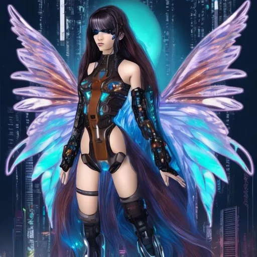 Prompt: cyberpunk adult galactic fairy with long black and brown hair 