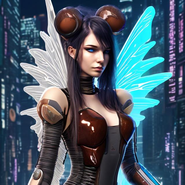 Prompt: cyberpunk adult galactic fairy with long black and brown hair 