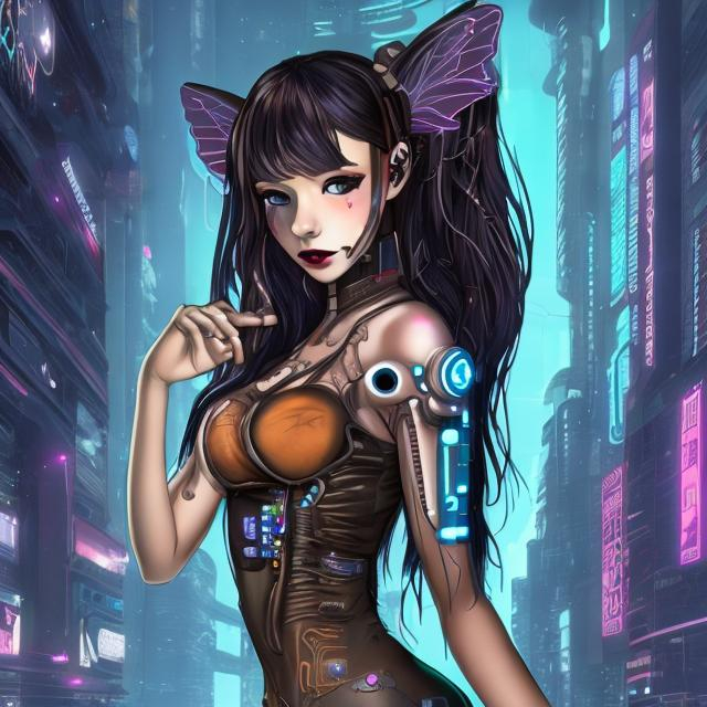 Prompt: cyberpunk adult galactic fairy with long black and brown hair 