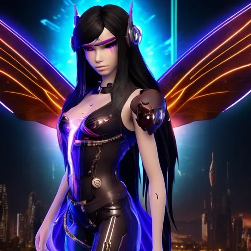 Prompt: christian. cyberpunk adult galactic fairy with long black and brown hair 