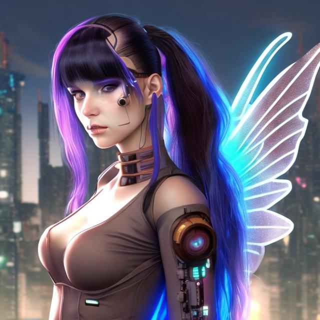 Prompt: cyberpunk adult galactic fairy with long black and brown hair 