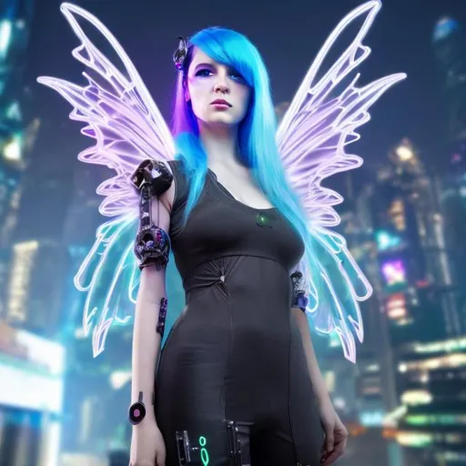 Prompt: cyberpunk adult galactic fairy with black hair 