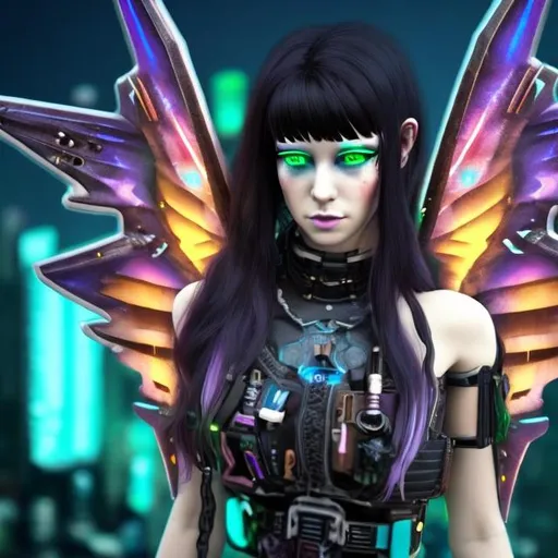 Prompt: cyberpunk adult galactic fairy with black and brown hair 