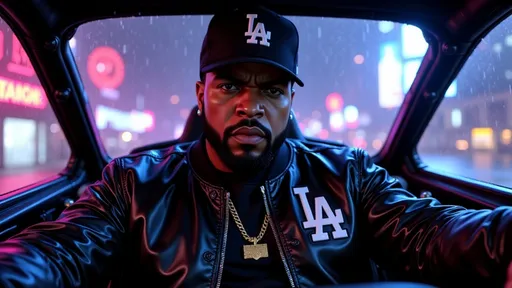 Prompt: Blade Runner and GTA 6–style graphics, ultra-detailed front-facing dashboard POV shot of @OhNkGveweTTKRZ1U8RcY  in the driver’s seat of a futuristic flying car, his intense face lit by flickering holographic HUD projections and streaks of neon light from the rain-soaked skyline. Wearing a black leather LA Dodgers bomber jacket with silver zippers and a bold black cloth “LA” patch on the left chest, his black LA Dodgers cap sits low over focused eyes. His hands grip a translucent glowing steering console, with shifting digital indicators reflected on the windshield. Rain softly patterns the cockpit glass as engine thrusters hum in the background. Cinematic cyberpunk atmosphere, low moody lighting, ultra-realistic 35mm lens, deep purple and electric blue color palette