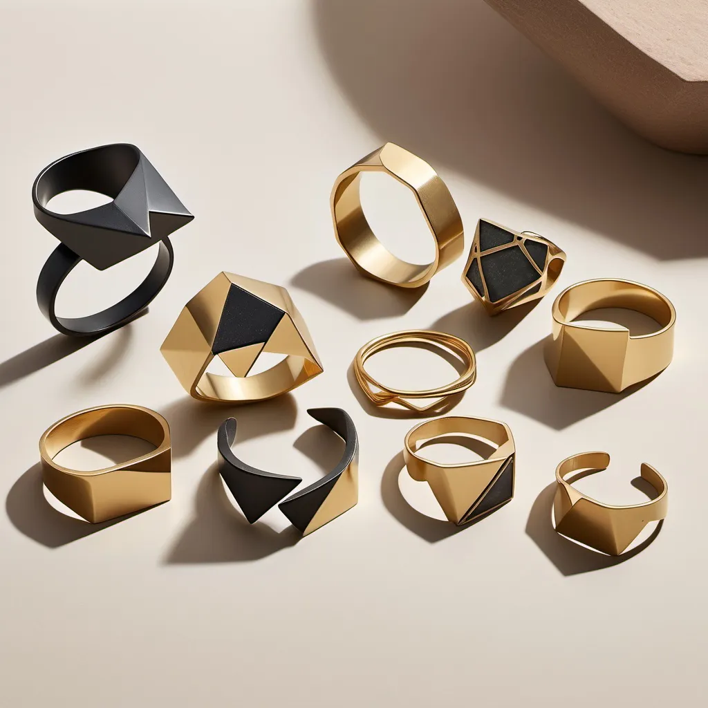 Prompt: Design a modern, sustainable jewelry collection that embodies personal expression and individuality through symbolic shapes. Each piece features geometric and abstract designs—sharp angles for boldness, fluid curves for creativity, and interlocking forms for unity. Crafted from eco-friendly materials like recycled metals and ethically sourced stones, the collection includes elegant pieces such as angular-edge rings symbolizing strength and circular pendants representing harmony. Set in a contemporary space, these pieces allow individuals to showcase their unique narratives, merging modern luxury with meaningful design