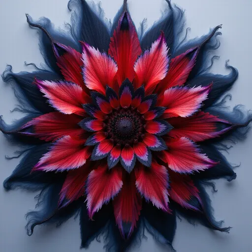 Prompt: A striking floral mandala bursts forth in vivid reds and blacks, the petals elegantly arranged in a symmetrical pattern that draws the eye inward. Each petal is highlighted with gradients of deep crimson and white, while tips feature soft violet accents, creating a sense of depth and dimension. Surrounding the central design, shadowy blues swirl and blend into a lighter background, enhancing the fiery red hues and adding a dynamic contrast. This captivating image combines the organic beauty of nature with a sense of artistic abstraction, evoking feelings of harmony and balance. The overall composition radiates energy, inviting viewers to meditate on its intricate details and vibrant colors.
