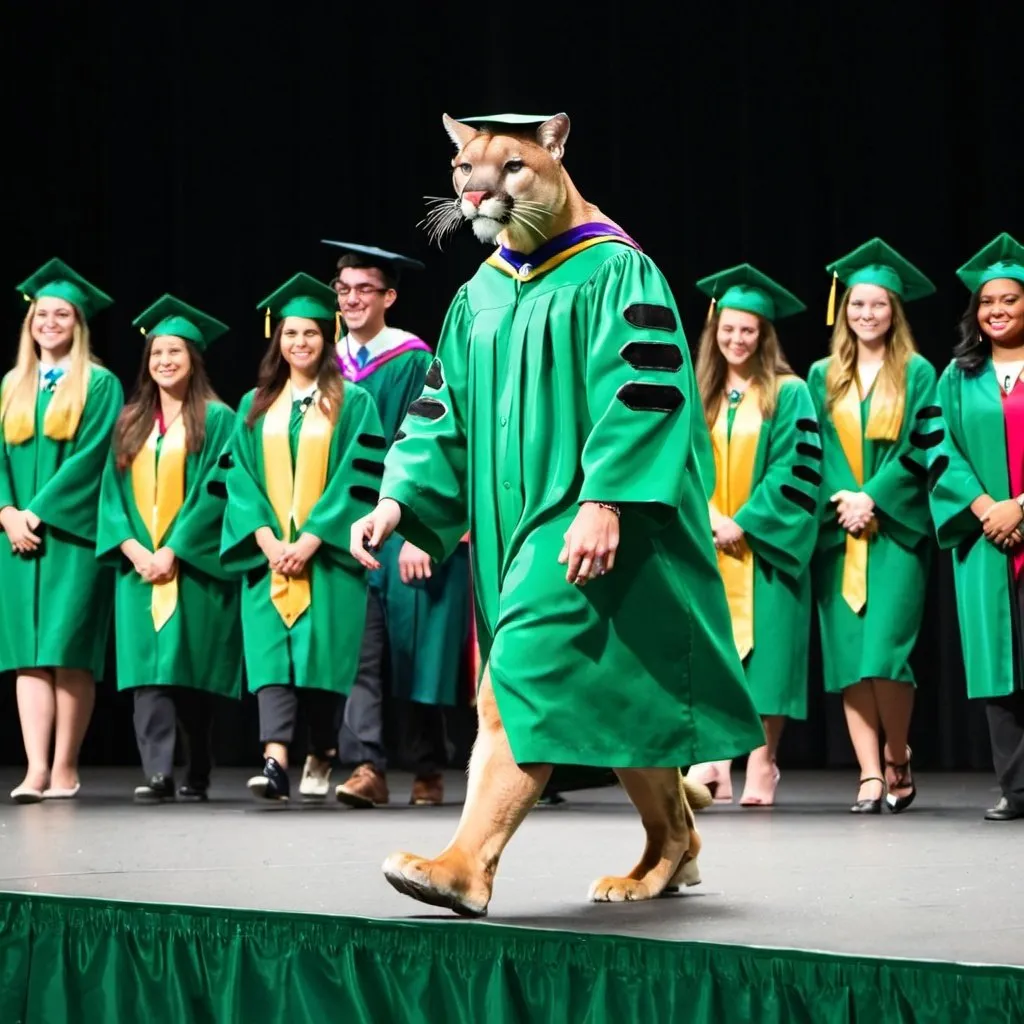 Prompt: cougar walking across stage with a green graduation gown 