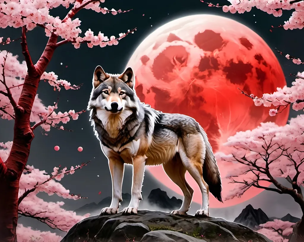 Prompt: sakura trees and red moon wolf

