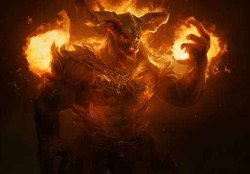 Prompt: badass balrog minotaur in fire beautiful muscle body