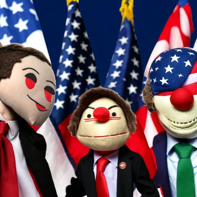 Prompt: A USA politician attached to two sets of puppet strings where one puppet master is the USA flag and the other puppet master is 'Global Interests' flag.