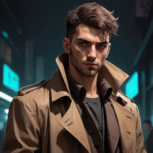 Prompt: character design of a man in a cyberpunk world in a trenchcoat and medium brown hair roleplay character
