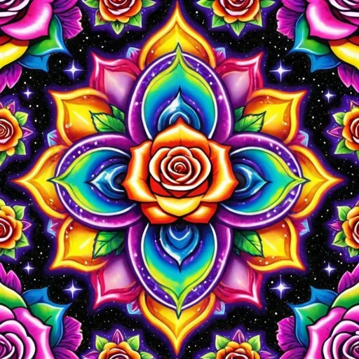 Prompt: Lisa Frank-style, vibrant rainbow roses, witchy pentagrams, outer space setting, goddess Lilith symbols, colorful and cosmic, detailed flowers, witchy elements, high quality, vibrant colors, fantasy, cosmic, Lisa Frank style, mystical symbols, space art, vibrant and bold, cosmic lighting, seemless pattern