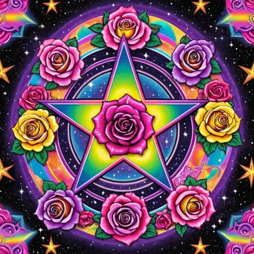 Prompt: Lisa Frank-style, vibrant rainbow roses, witchy pentagrams, outer space setting, goddess Lilith symbols, colorful and cosmic, detailed flowers, witchy elements, high quality, vibrant colors, fantasy, cosmic, Lisa Frank style, mystical symbols, space art, vibrant and bold, cosmic lighting, seemless pattern