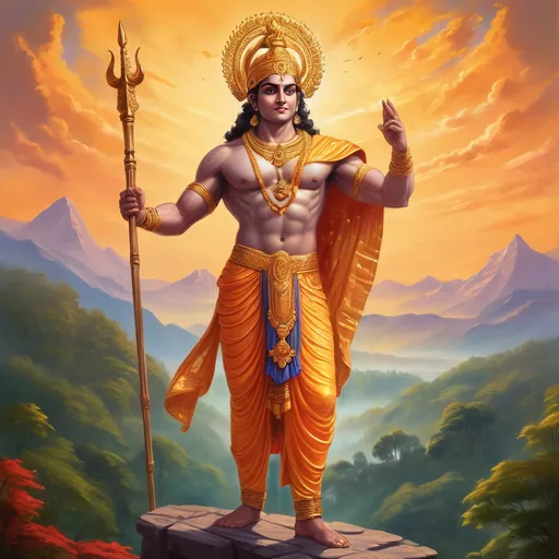 Prompt: The setting is a magnificent, golden-hued landscape, with a mystical, vibrant sky transitioning from dusk to dawn. Towering mountains and lush forests form the backdrop. At the center of this sacred arena, Lord Ram stands tall and regal, his posture confident and serene, exuding divine radiance. He is dressed in royal attire, with his bow, Kodanda, resting gracefully in his left hand. His blue skin shines with a celestial aura, and his expression reflects compassion, strength, and unwavering determination.
Next to him, Hanuman, the mighty devotee, stands in a dynamic pose, radiating energy and devotion. His muscular form is adorned with simple but symbolic clothing. His face glows with joy and loyalty, with his eyes full of reverence for Ram. Hanuman’s tail, curved majestically, adds to the intensity of the moment. He holds his mace, Gada, ready for any challenge, reflecting his unparalleled strength and devotion.
Between them, the bond of faith and courage is palpable — as though the very air around them is charged with divine energy. The light seems to converge around them, highlighting the sacred connection between the two. The sky above them holds divine symbols, like the crescent moon and stars, adding to the celestial feeling of the scene.
