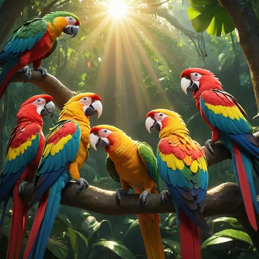 Prompt: (Power of Friendship), Mithu and his colorful parrots united against a looming threat, surrounded by threatening shadows, (dynamic composition), vibrant colors reflecting their determination, a lush jungle backdrop with sun rays breaking through trees, (symbolic gestures of togetherness), showcasing bravery and teamwork, emotions of courage and unity, (38 Golden light) illuminating their spirits, (4K, ultra-detailed).