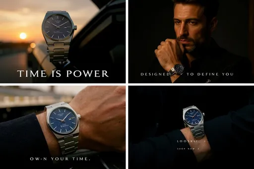 Prompt: Create a premium-quality advertisement for a wristwatch that showcases elegance, craftsmanship, and timeless appeal. The scene should feature a close-up of a sleek, modern timepiece on a man's wrist in a luxury setting (e.g., rooftop at sunset, vintage car, or stylish office). The lighting should highlight the details of the watch — metallic shine, dial texture, and brand engraving. Include slow-motion shots, cinematic transitions, and a deep-toned background music. Overlay bold, minimalistic text like “Time is Power” or “Designed to Define You.” End with a call to action: “Own Your Time. Shop Now.” The tone should be bold, sophisticated, and emotionally engaging.