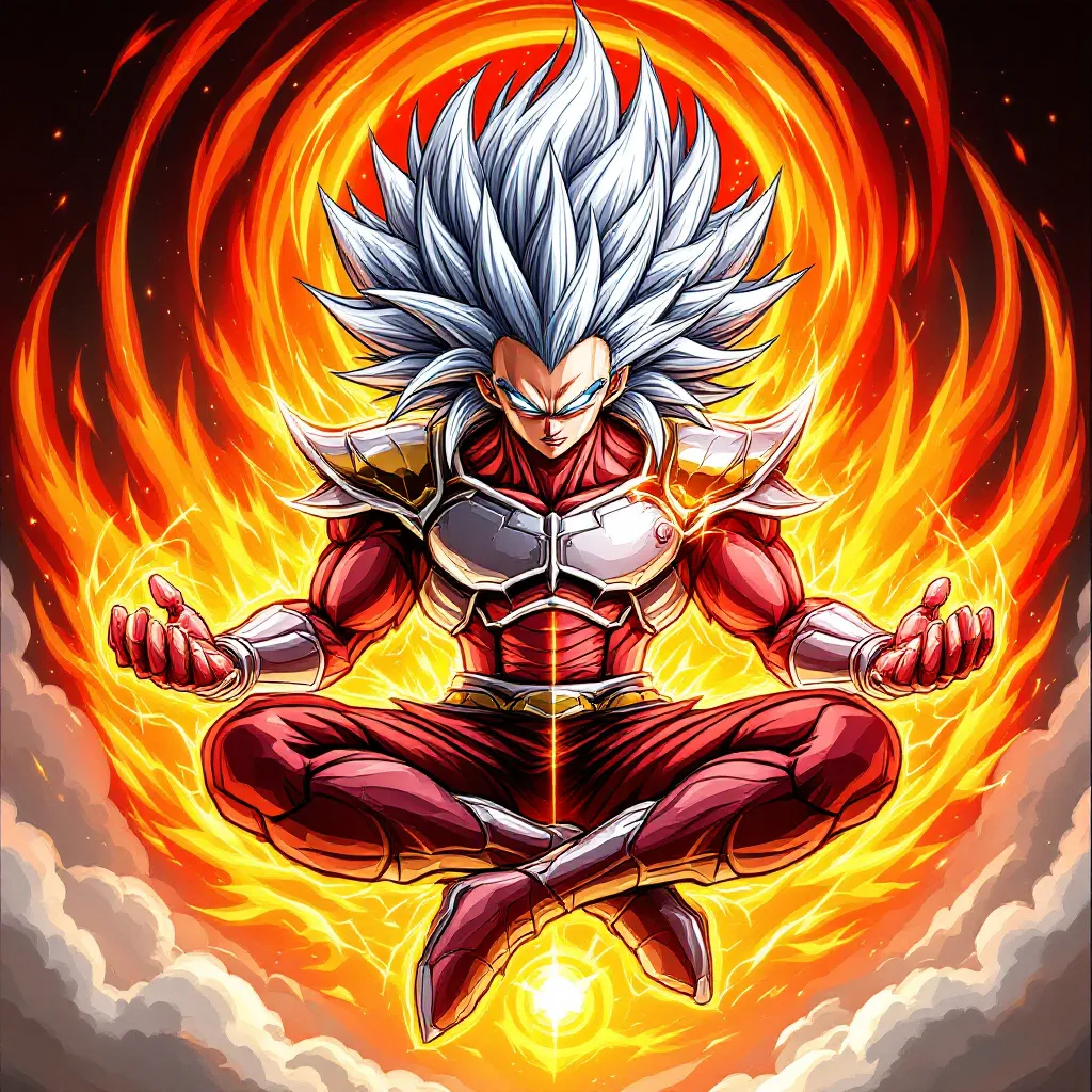 Prompt: Version 5: "Final Divine Beast"
Theme: Perfect fusion—rage and divinity as one.

Hair: SSJ4 mane with silver UI energy forming a halo of spikes behind the head.

Aura: A perfect yin-yang of red and silver, swirling like a galaxy.

Eyes: Mechanical silver (UI) with SSJ4’s piercing amber.

Outfit: Armor reforged with divine energy (floating pauldrons, no weight).

Pose: Floating cross-legged, one hand open (UI calm), the other clenched in a fist (SSJ4 rage).

Extras: Tail coiled calmly, but energy crackling at the tip.

Best for: The ultimate balance—unmatched power, zero wasted movement.