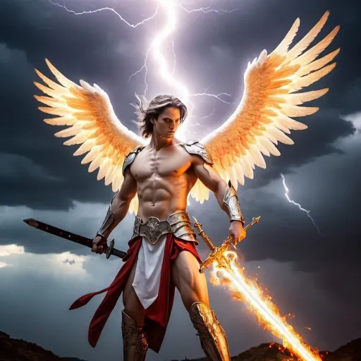 Prompt: an angel with a fiery sword with lightning shooting from his wings