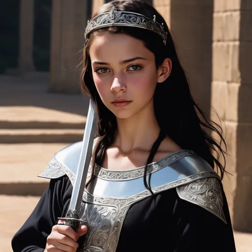 Prompt: A young teenage girl, dark hair with silver dipped tips, light skin, slender frame, a small elegant silver tiara on her head, wearing a tunic and belt, holding a slim silver-and-black sword