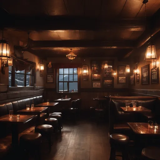 Prompt: visualize the interior of a cozy well-worn pub at night with soft lights, dark leather booths, and a backlit bar in the style of a mountain lodge.