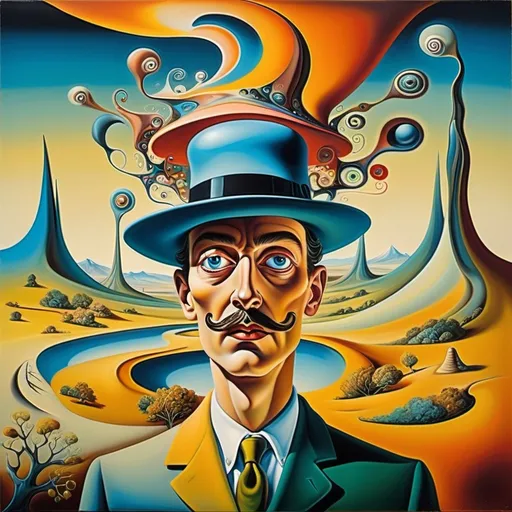 Prompt: (surrealistic painting), a man wearing a hat, (inspired by Salvador Dalí), dreamlike landscape, bizarre forms and distorted figures, vibrant colors blend and swirl, striking contrasts, whimsical element