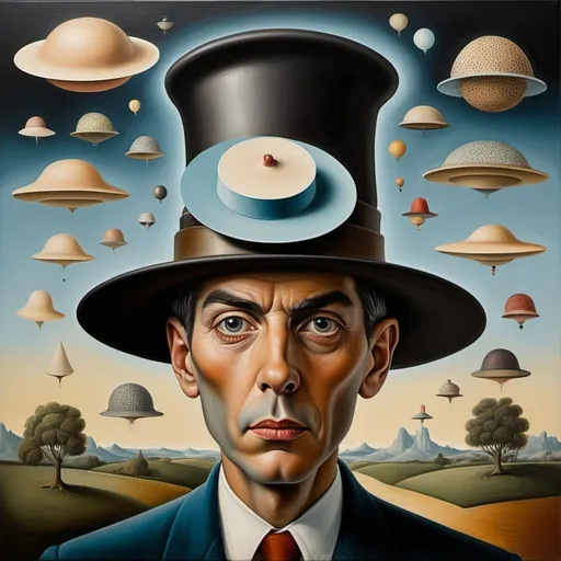 Prompt: “an illogical surrealistic painting of a man wearing a hat“