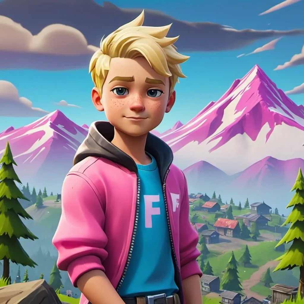 Prompt: Cartoon blonde boy blue and pink clothes thats 19 Fortnite with a mountain in the background