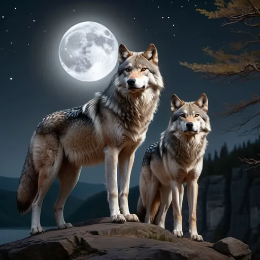 Prompt: a stunning ultra high-definition (UHD) image of a highly detailed and lifelike she-wolf, possessing a human-like form. She stands confidently on a cliff, her long auburn and blond hair flowing in the wind. Facing away from a glowing full moon, she is accompanied by three majestic alpha wolves, their fur a blend of white and grey. The night sky is filled with vibrant stars, capturing the viewer's attention. Below the cliff, a shimmering lake reflects the moonlight, illuminating a lush forest teeming with smaller wolves. The image should be UHD, 8K, and 300dpi, allowing for exceptional clarity and detail.