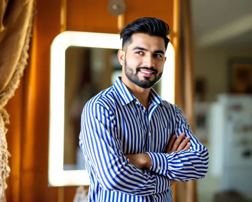 Prompt: A man poses confidently in a brightly lit indoor space, dressed in a striking blue and white striped shirt that complements his features. His neatly groomed beard and hairstyle add to his polished  gibli style appearance as he gazes slightly off to the side, with a subtle smile suggesting a relaxed demeanor. The backdrop features a mirror reflecting not only his image but also part of the room, where warm wooden tones and a decorative edge of a draped cloth contribute to a cozy ambiance. The overall mood evokes a blend of pride and casual charm, highlighting the subject's approachable personality and well-maintained appearance.