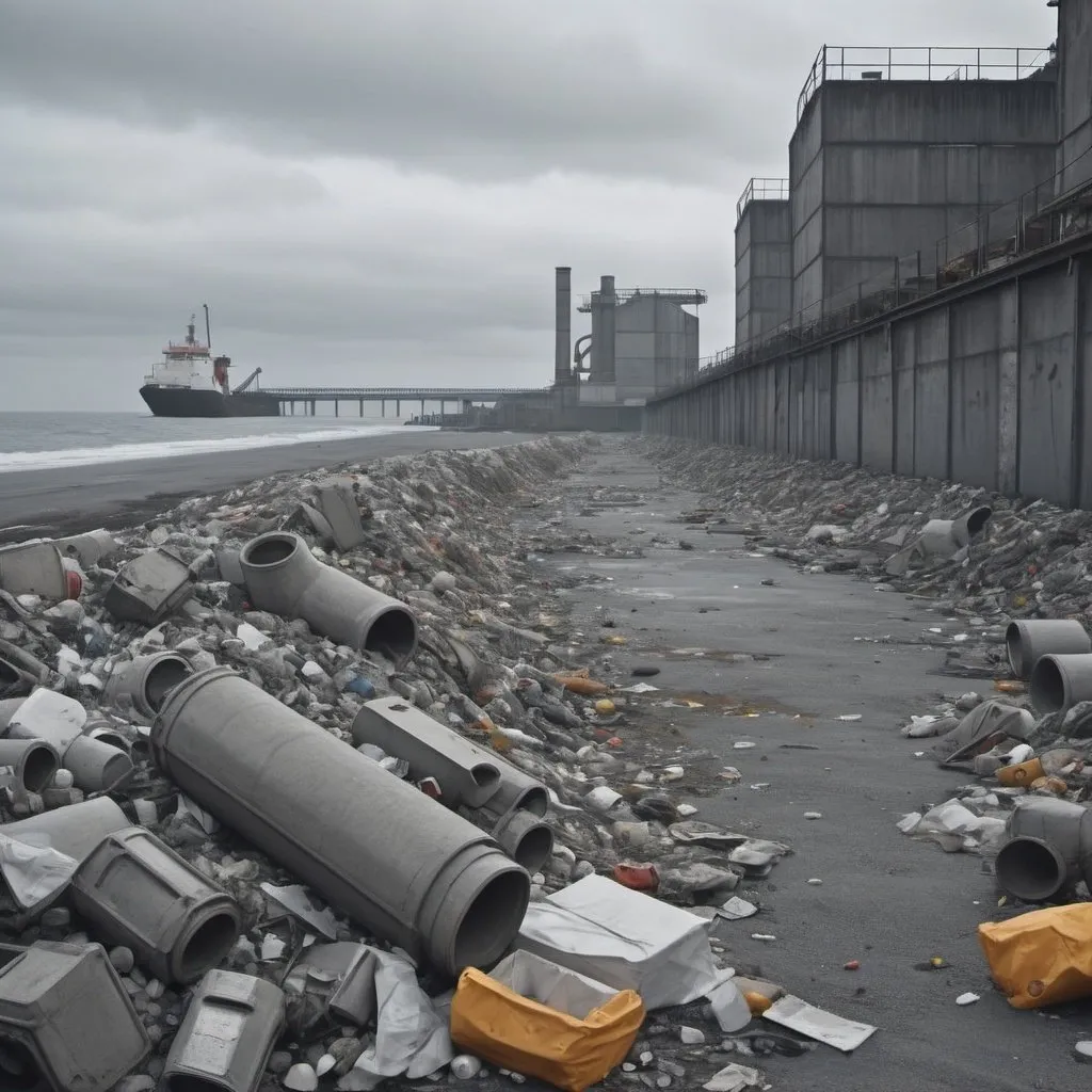 Prompt: industrial coast, concrete and rubbish, grey hue, 4k, realistic