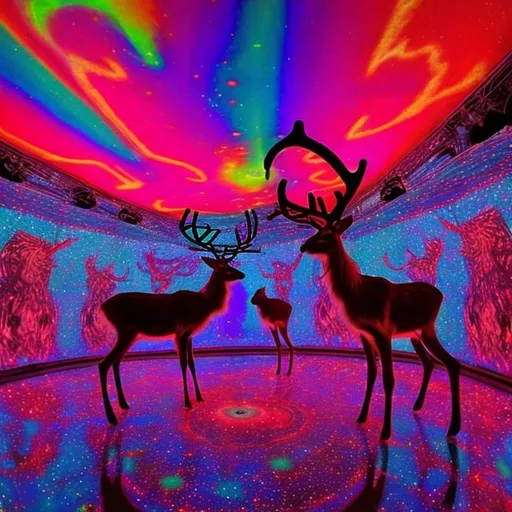 Prompt: psychedelic Reindeer in disco hall from the cosmos
