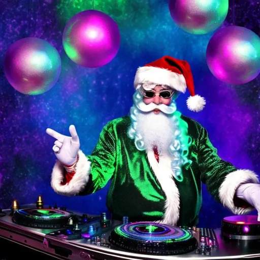 Prompt: Santa as psychadelic disco dj from victorian era north pole
