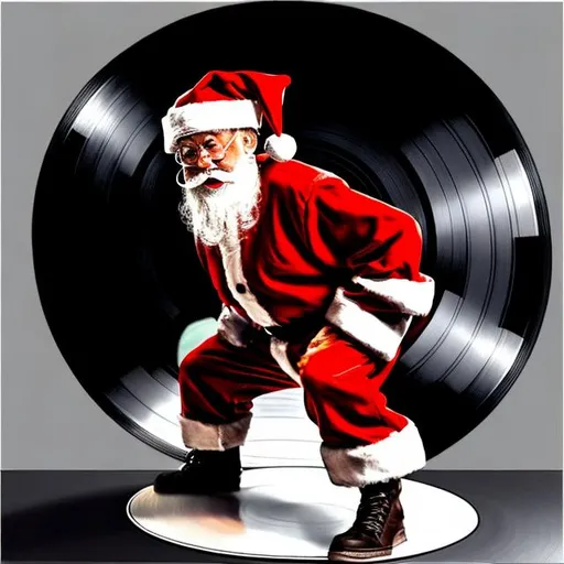 Prompt: Santa in a bboy stance on a large vinyl record


