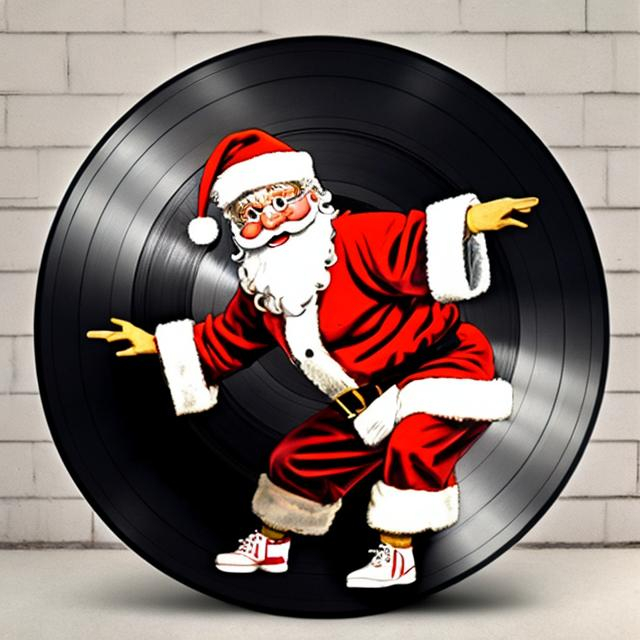 Prompt: Santa in a bboy stance on a large vinyl record


