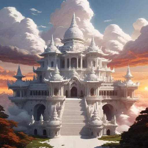 Prompt: A huge white palace ruled by the king of the warrior cloud tribe at sunset