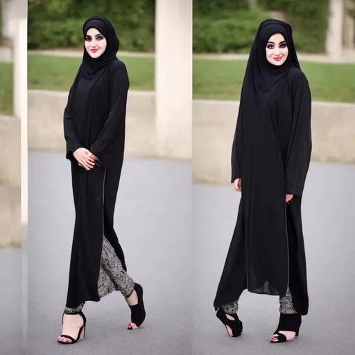 Prompt: Hijab girl with tight abaya and ankle strap high heel