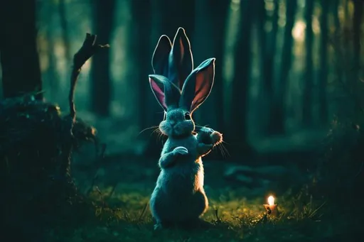 Prompt: rabbit wearing witch hat is dancing in the woods.
