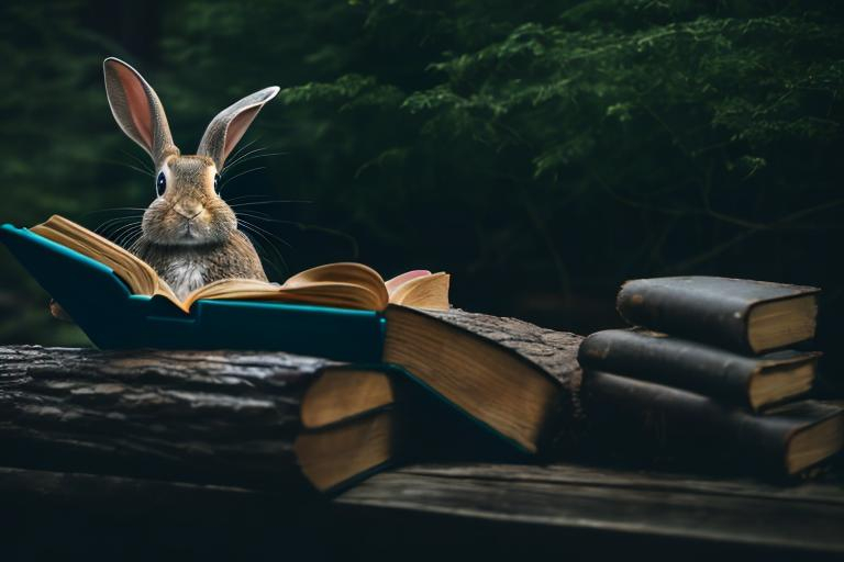 Prompt: A rabbit sitting on a log is reading a book.
