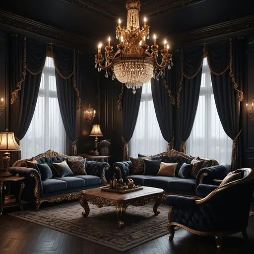 Prompt: A dark theme living room, featuring (luxurious royal furniture), rich textures, and intricate detailing, moody lighting casting shadows across the room, elegant curtains draping the windows, a grand chandelier overhead, plush seating inviting relaxation, accent decor in deep hues, (4K ultra-detailed), a cozy yet opulent atmosphere.