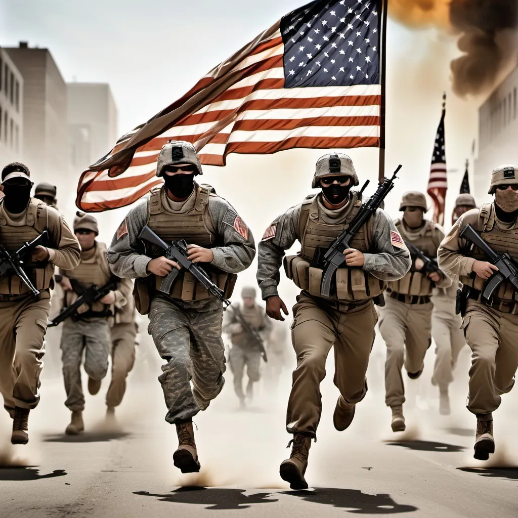 Prompt: 20-30 American Patriot Citizen Soldiers, Civilian Clothes, Running Into Battle, American Flags, Civilian Clothes, Military Weapons, Urban Battlefield, 