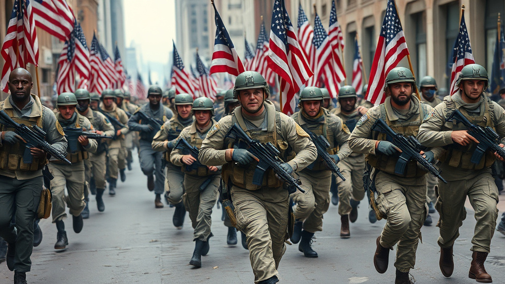 Prompt: 20-30 American Patriot Citizen Soldiers, Civilian Clothes, Running Into Battle, American Flags, Civilian Clothes, Military Weapons, Urban Battlefield, 