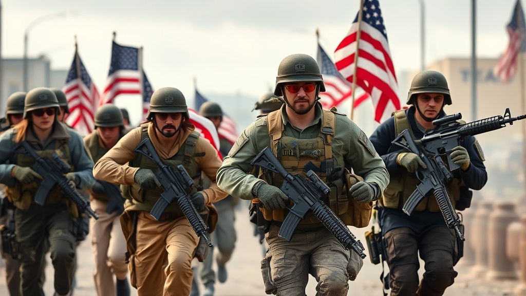 Prompt: American Patriot Citizen Soldiers, Civilian Clothes, Running Into Battle, American Flags, Civilian Clothes, Military Weapons, Urban Battlefield, 