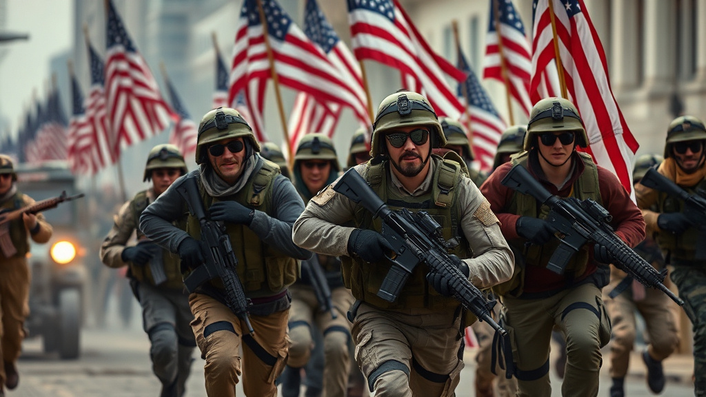 Prompt: American Patriot Citizen Soldiers, Civilian Clothes, Running Into Battle, American Flags, Civilian Clothes, Military Weapons, Urban Battlefield, 