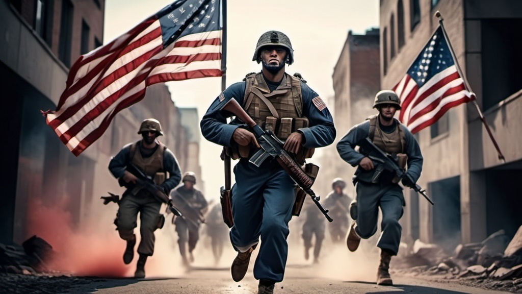 Prompt: American Patriot Citizen Soldiers, Civilian Clothes, Running Into Battle, American Flags, Civilian Clothes, Military Weapons, Urban Battlefield, 